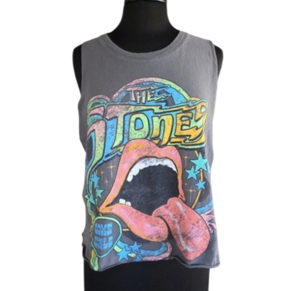 The Rolling Stones Gray Tank Top Colorful Graphic Distressed Band Crop